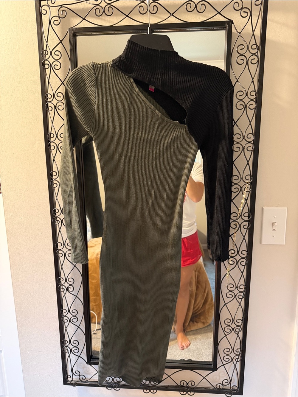No Boundaries Olive Green & Black Asymmetrical Ribbed Midi Dress